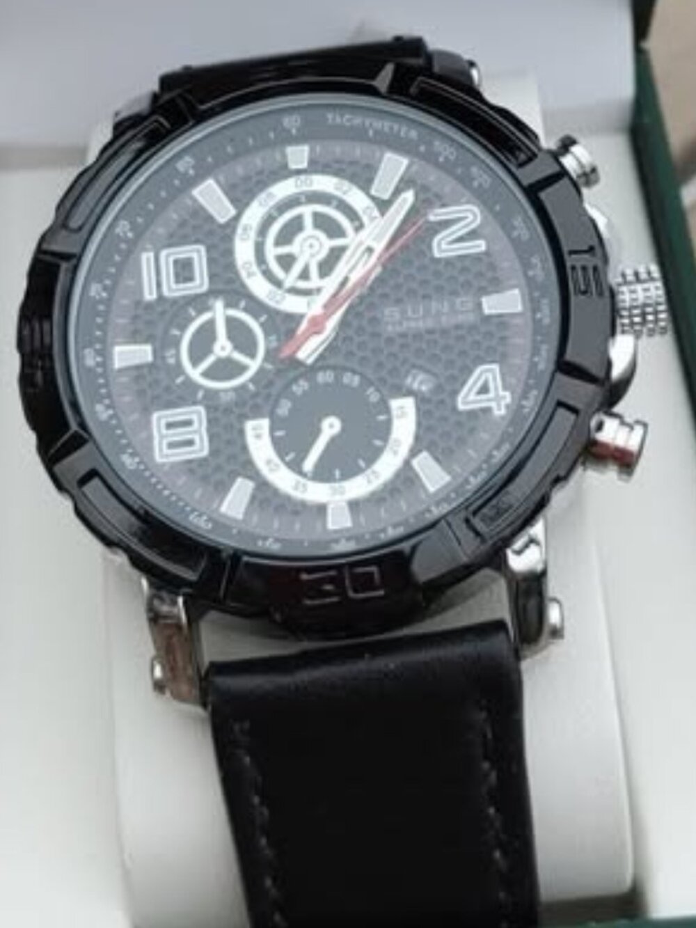 NWT Alfred Sung Men's Black Chronograph Sport Watch Leather Strap